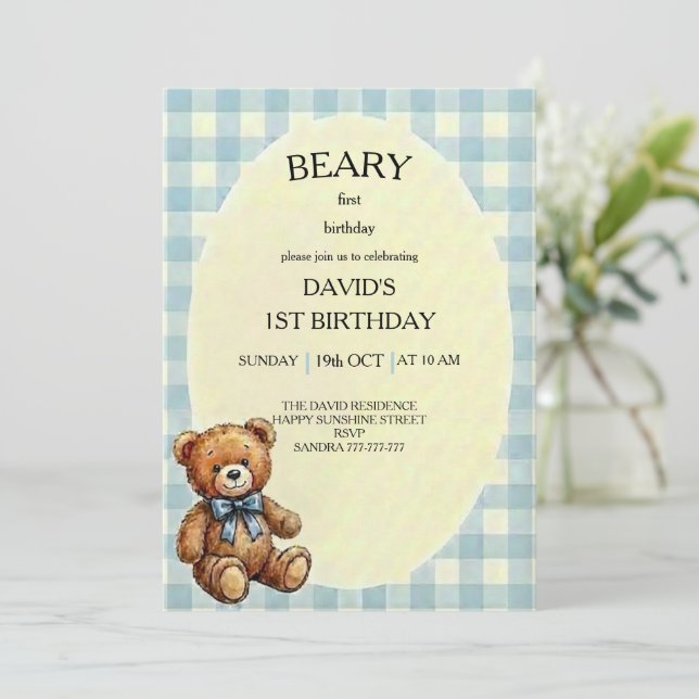 Teddy Bear 1st Birthday Invitation (Standing Front)