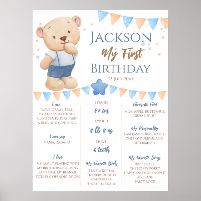 Teddy Bear 1st Birthday Milestone personalised Poster (Front)