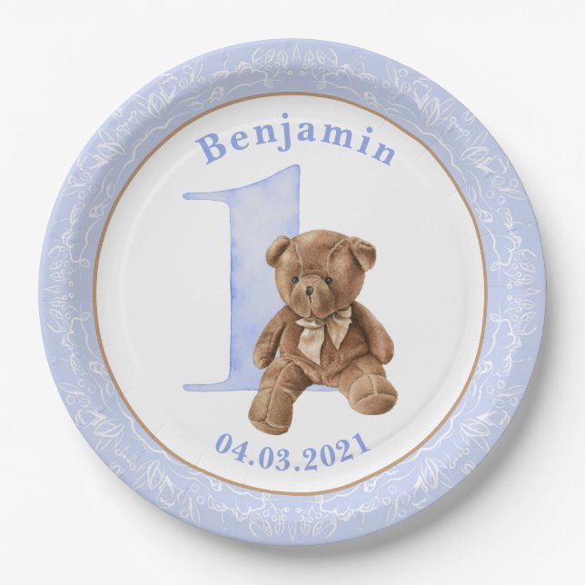 Teddy Bear 1st Birthday Paper Plate (Front)