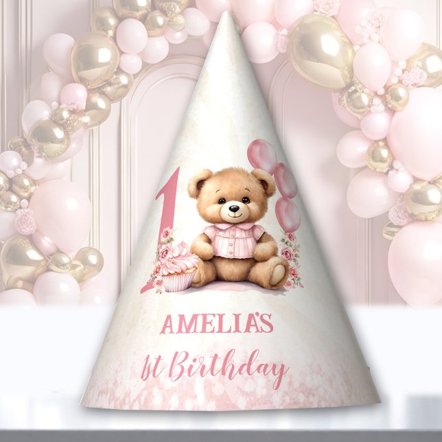 Teddy Bear 1st Birthday Pink Balloons Paper Party Hat (Teddy Bear 1st Birthday Pink Balloons Paper Party Hat)
