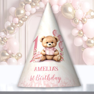 Teddy Bear 1st Birthday Pink Balloons Paper Party Hat