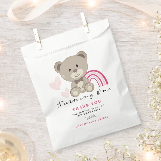 Teddy Bear 1st Birthday Pink Favour Bag (Clipped)