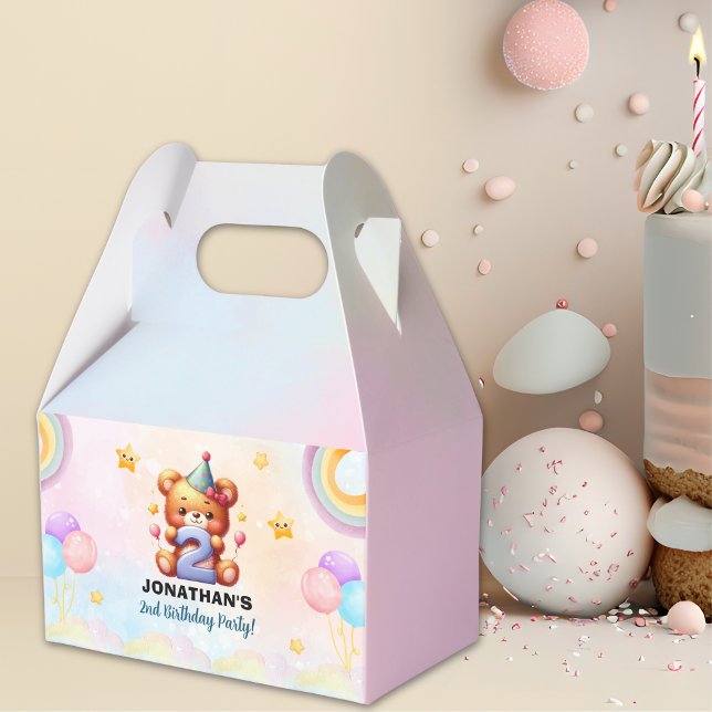 Teddy Bear 2nd Birthday Party | Rainbow & Balloons Favour Box (Creator Uploaded)