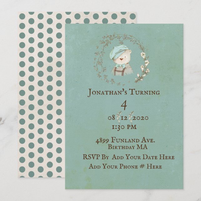 Teddy Bear 4th Fourth Birthday Invitation (Front/Back)