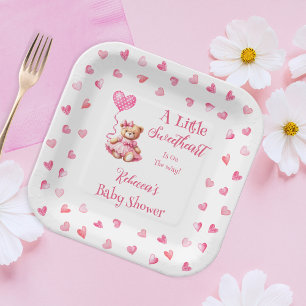 Teddy Bear A Little Sweetheart Girl Baby Shower Paper Plate
