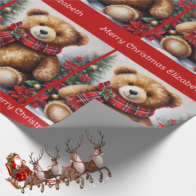 Teddy Bear Add Child's Name Christmas Classic Wrapping Paper (Creator Uploaded)