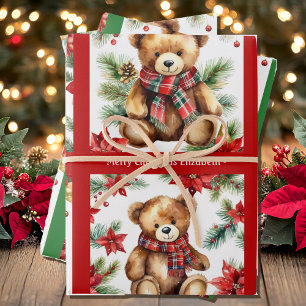 Teddy Bear Add Name Cute Christmas 3 Wrapping Paper Sheet