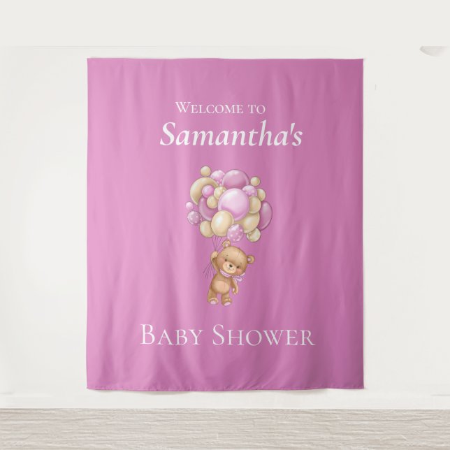 Teddy Bear  Adventure Pink Balloons  Baby Shower   Tapestry (Front)