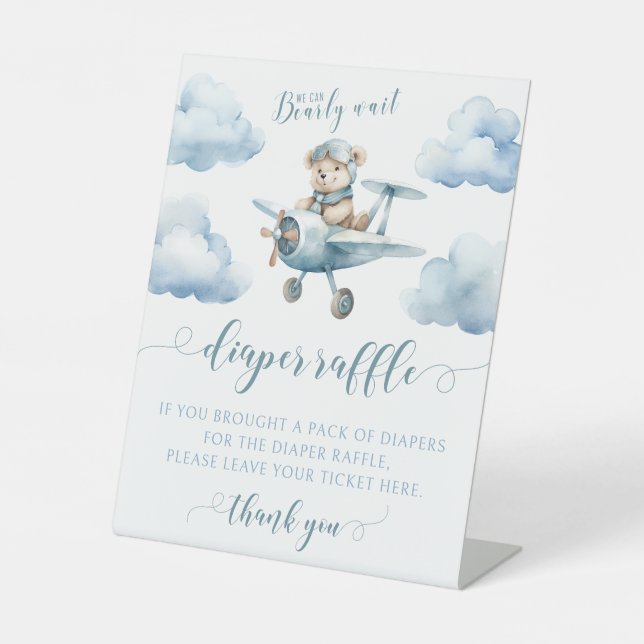 Teddy bear aeroplane baby boy shower diaper raffle pedestal sign (Front)