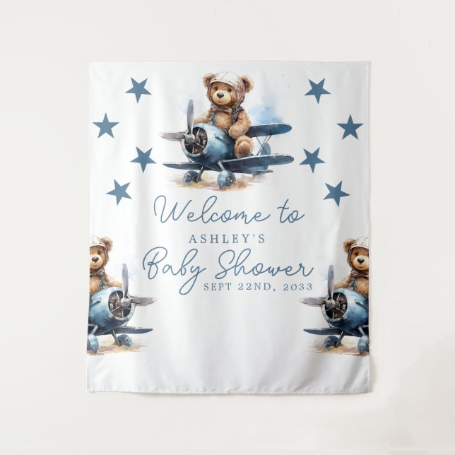 Teddy Bear Aeroplane Baby Shower Backdrop Tapestry (Front)