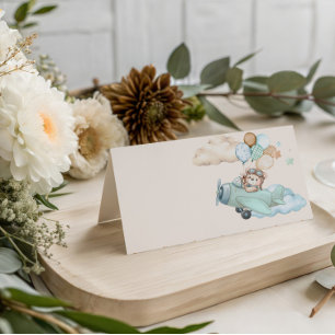 Teddy Bear Aeroplane Baby Shower Folded Place Card