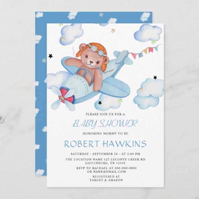 Teddy Bear Aeroplane Baby Shower Invitation (Front/Back)