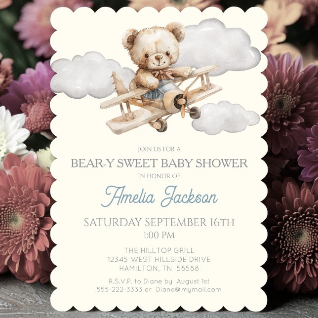Teddy Bear Aeroplane Baby Shower Invitation (Bear-y Sweet Vintage Airplane and Teddy Bear Baby Shower Invitation )