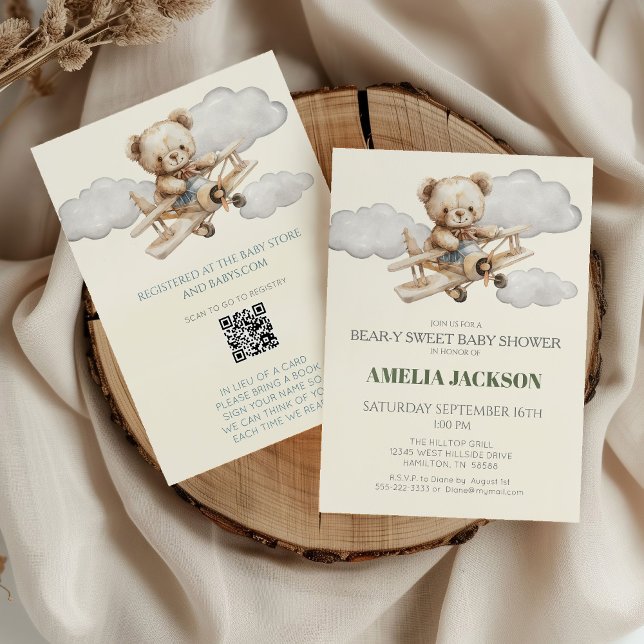 Teddy Bear Aeroplane Baby Shower Invitation (Boho Vintage Teddy Bear and Airplane Bear-y Sweet Baby Shower Invitation)