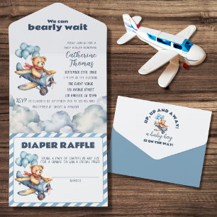 Teddy Bear Aeroplane Balloons Boy Baby Shower All In One Invitation