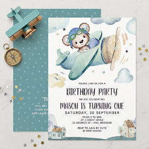 Teddy Bear Aeroplane Birthday Invitation