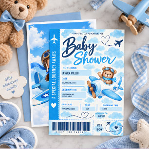 Teddy Bear Aeroplane Boarding Pass Boy Baby Shower Invitation
