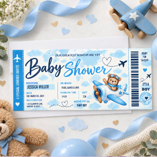 Teddy Bear Aeroplane Boarding Pass Boy Baby Shower Invitation