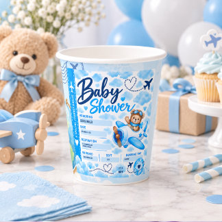 Teddy Bear Aeroplane Boarding Pass Boy Baby Shower Paper Cups