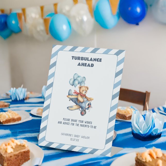 Teddy Bear Aeroplane Boy Baby Shower Guestbook Pedestal Sign (Creator Uploaded)