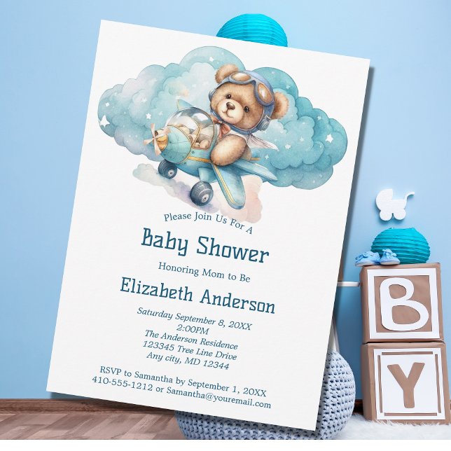 Teddy Bear Aeroplane Boy Baby Shower Invitation (Creator Uploaded)