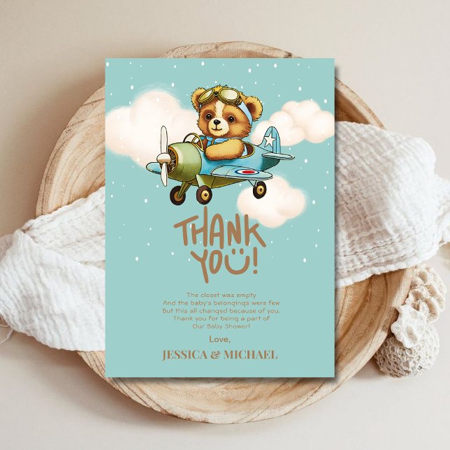 Teddy Bear Aeroplane Boy Bearly Wait Baby Shower Thank You Card (Teddy Bear Airplane Boy Bearly Wait Baby Shower Thank You Card)