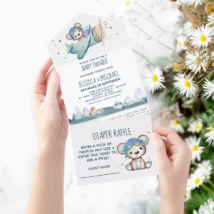 Teddy Bear Aeroplane Diaper Raffle and Baby Shower All In One Invitation