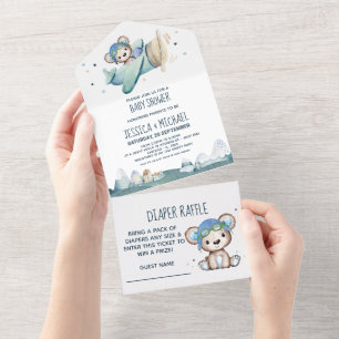 Teddy Bear Aeroplane Diaper Raffle and Baby Shower All In One Invitation