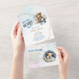 Teddy Bear Aeroplane Flying Boy Baby Shower All In One Invitation
