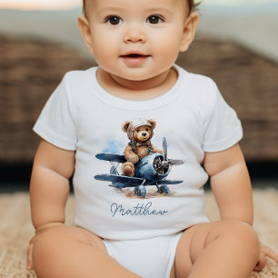 Teddy Bear Aeroplane Watercolor Baby Shower Gift Baby Bodysuit