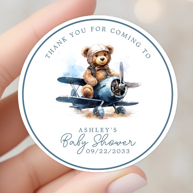 Teddy Bear Aeroplane Watercolor Baby Thank You Classic Round Sticker (Creator Uploaded)