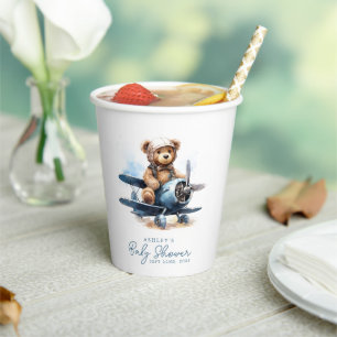 Teddy Bear Aeroplane Watercolor Boy Baby Shower Paper Cups