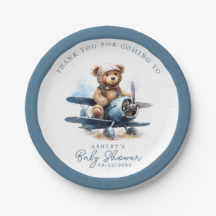 Teddy Bear Aeroplane Watercolor Boy Baby Shower Paper Plate