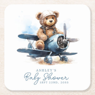 Teddy Bear Aeroplane Watercolor Boy Baby Shower Square Paper Coaster