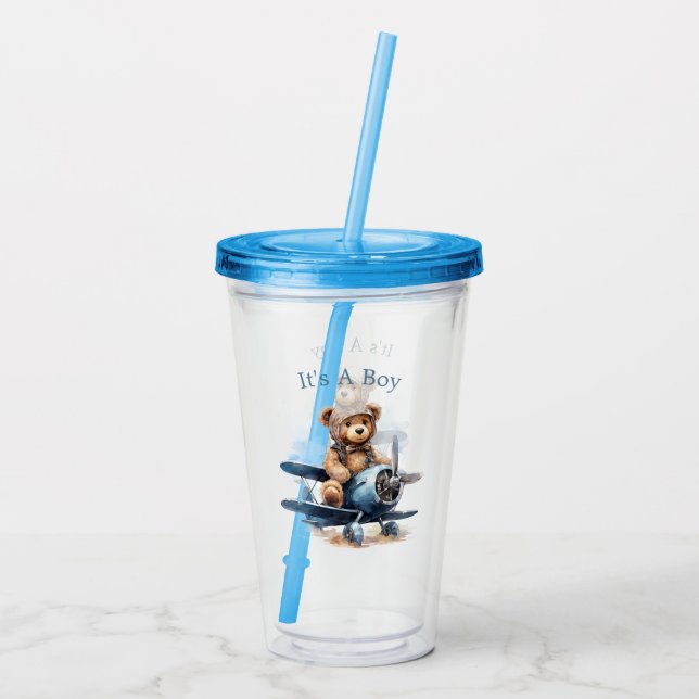 Teddy Bear Aeroplane Watercolor It's A Boy Acrylic Tumbler (Back)