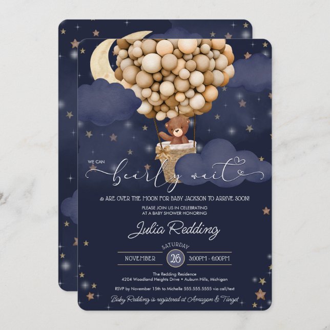 Teddy Bear Air Ballon Twinkle Star Baby Shower Invitation (Front/Back)
