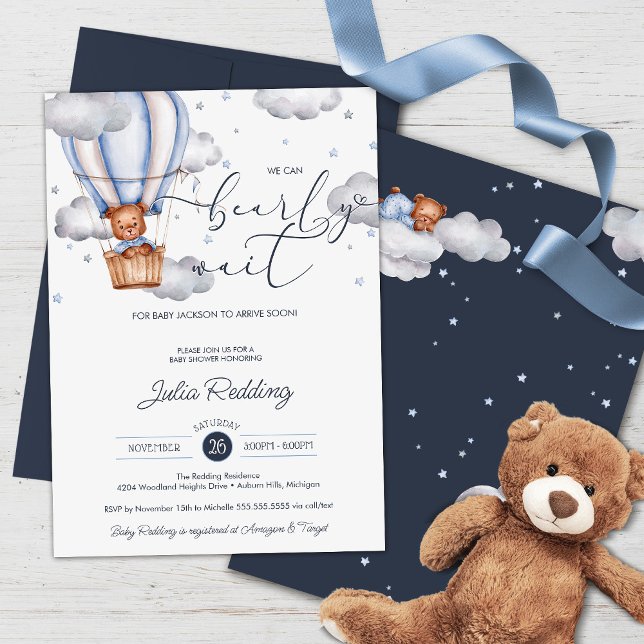 Teddy Bear Air Balloon Bearly Wait Baby Shower Invitation (Creator Uploaded)