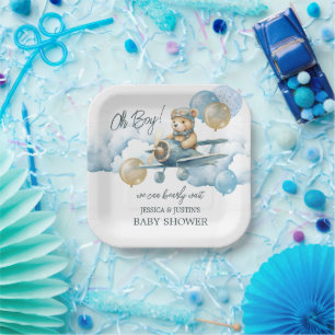 Teddy Bear AirPlane Blue Paper Plate