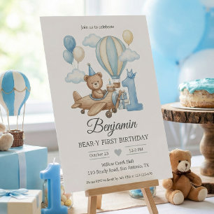 Teddy Bear Airplane Hot Air Balloon Birthday Party Invitation