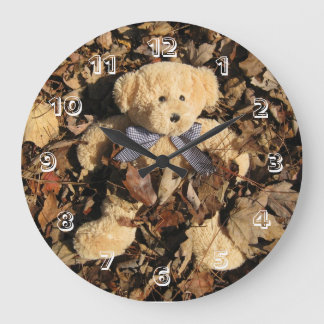 Teddy Bear and A Big Pile of Leaves Large Clock