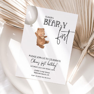 Teddy bear and balloon Bear-y first 1st birthday Invitation