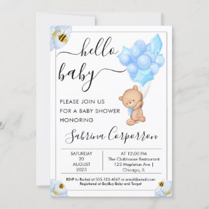 Teddy Bear and Balloons Boy Baby shower Invitation