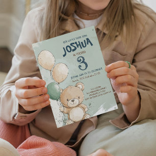 Teddy Bear and Balloons Green Kids Birthday Party  Invitation