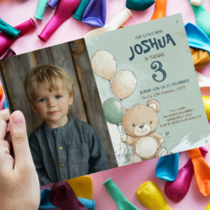Teddy Bear and Balloons Green Kids Birthday Party Invitation