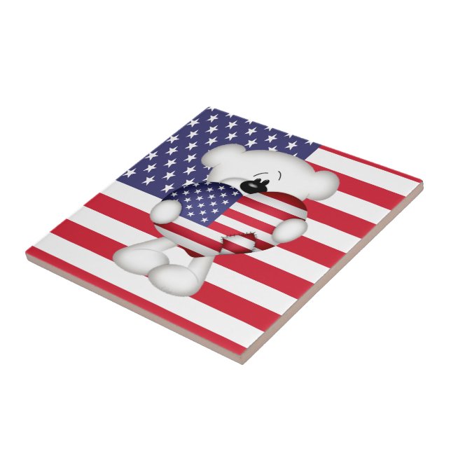 Teddy Bear and Big USA Flag Heart Ceramic Tile (Side)