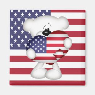 Teddy Bear and Big USA Flag Heart Magnet
