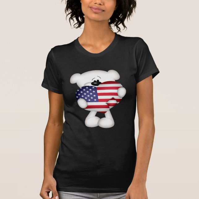 Teddy Bear and Big USA Flag Heart T-Shirt (Front)