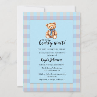 Teddy Bear and Blue Gingham Plaid Baby Shower Invitation