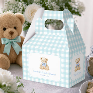 Teddy Bear and Blue Gingham Plaid Boy Baby Shower Favour Box
