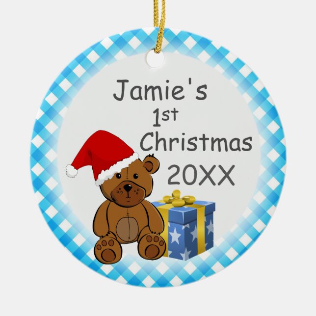 Teddy Bear and Blue Plaid Baby's 1st Christmas Ceramic Ornament (Front)